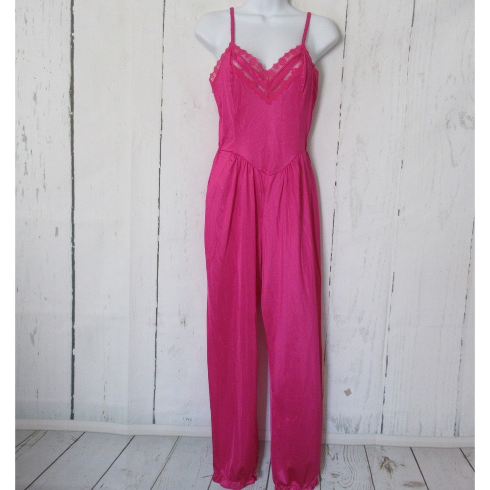 VTG Lady Cameo Dallas Jumpsuit M Pink Lace 80's Romper Playsuit